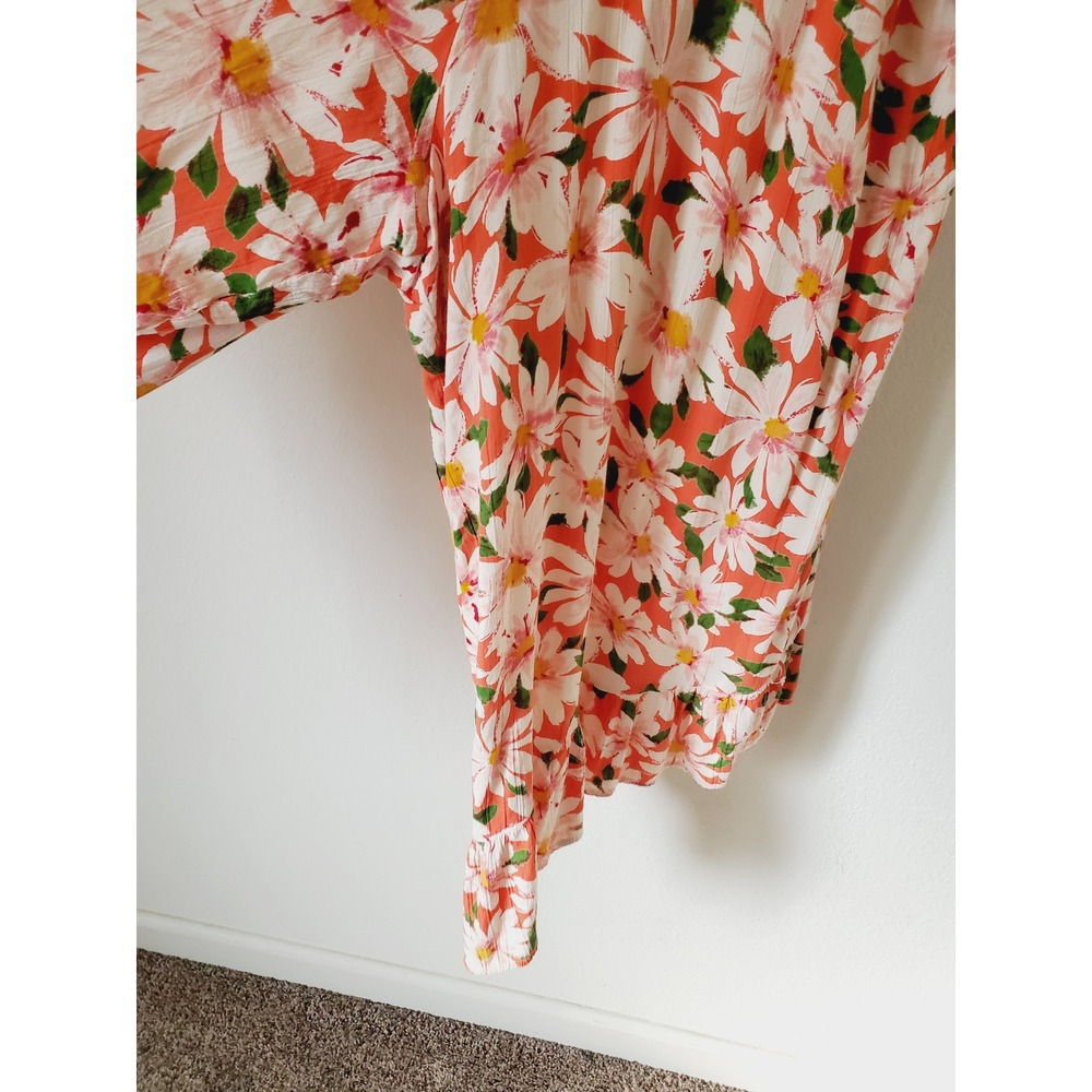Angie Womens M Orange Daisy Floral Print Wide Leg Jumpsuit Smocked Bohemian Boho - Picture 5 of 10